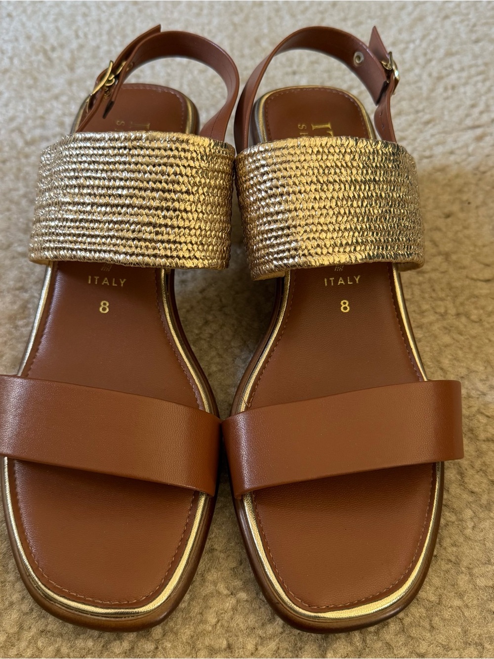 Italian Shoemakers Gold Woven and Brown Leather Slingback Sandals